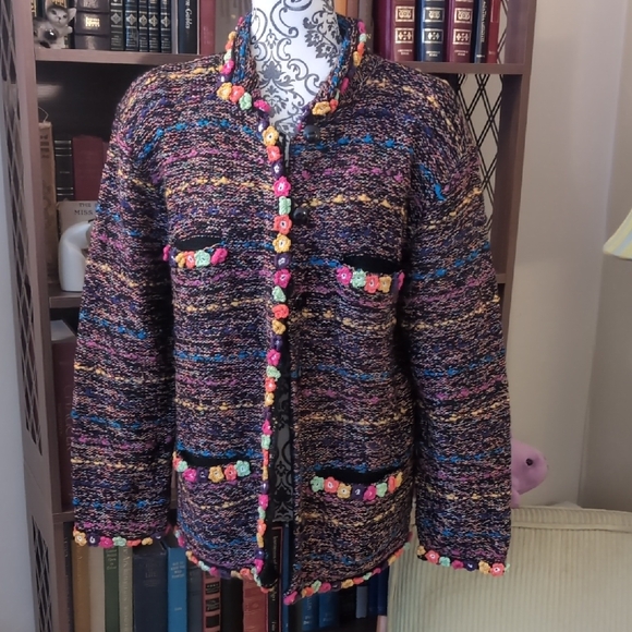 Vintage Sweaters - Colourful Knit button Up With Flower Details M-L